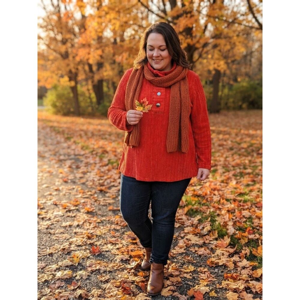 Ruby Rd. Red Ribbed Mock-Turtleneck Sweater with Button Placket Women’s Size M
